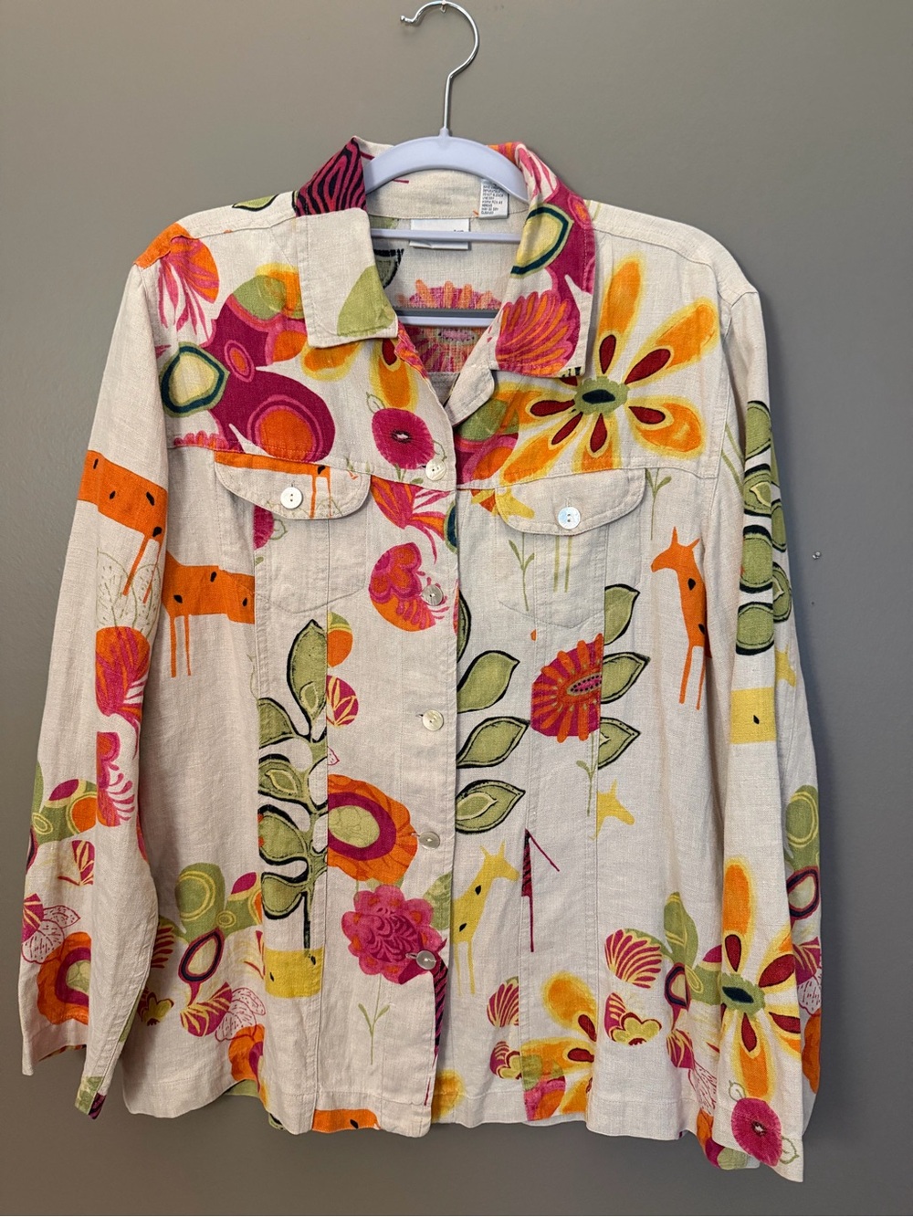 Chico's Cream Linen-Blend Jacket with Orange, Pink & Green Floral Print